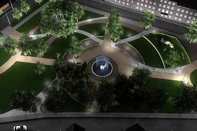 widok nocny koncepcji konkursowej placu wałowego w Gdańsku